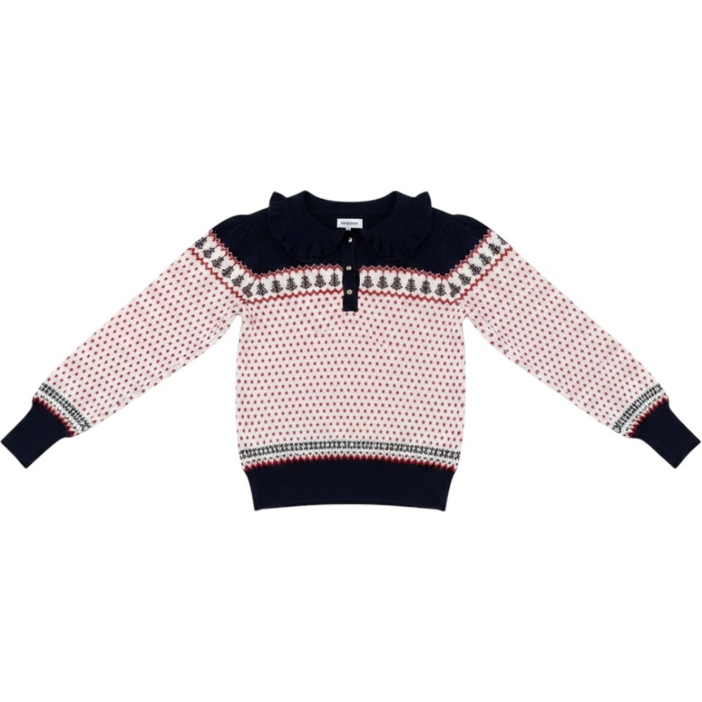 Janie and Jack Fair Isle Ruffle Sweater Kids 8 Navy Christmas Tree Holiday